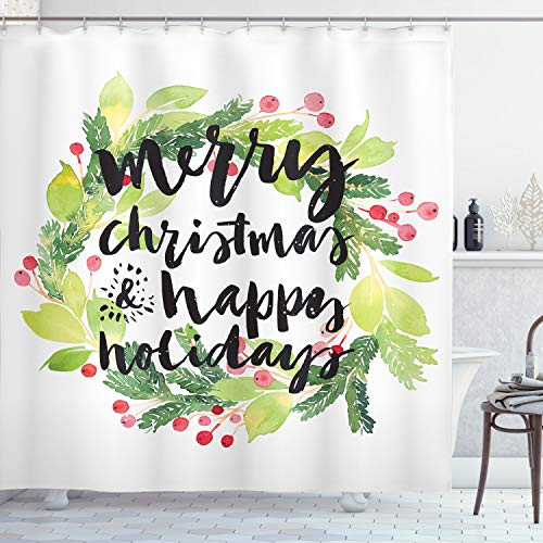 Ambesonne Christmas Shower Curtain, New Year and Happy Holiday Rustic Design Wreath Berries Evergreen Image, Cloth Fabric Bathroom Decor Set with Hooks, 69" W x 70" L, Green White
