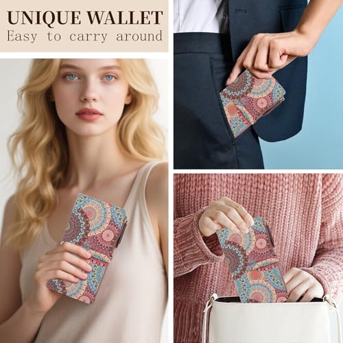 Bifold Women's Wallets,Slim Credit Card Wallet With Zipper Coin Pocket & ID Window,Ladies Wallets for Cash & Cards Organization (Mandala)2