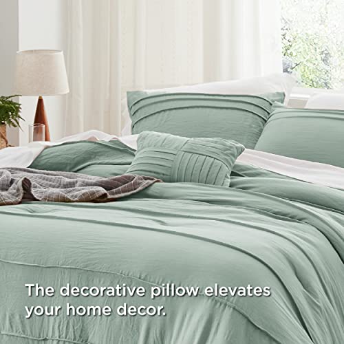 Image of Bedsure Queen Comforter Set - 4 Pieces Pinch Pleat Bed Set, Sage Green Boho Bedding for All Season, 1 Soft Comforter, 2 Pillowcases, 1 Decorative Pillow