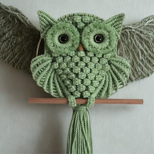 Image of tms Bohemian Owl Macrame Wall Hanging - 12 x 23 Inch - Handcrafted Boho Home Decor with Natural Elements - Boho Chic Accent for Home, Office, or Living Room (Green)
