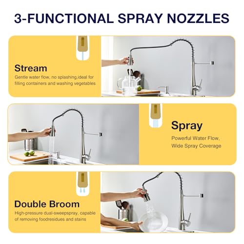 Image of Kitchen Faucets with Pull Down Sprayer, High Arc Single Handle Classic Stainless Steel Sink Faucet 1 or 3 Hole, Suitable for Farmhouse Camper Laundry Rv Bar, Brushed Nickel