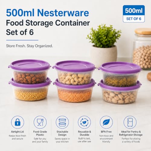 Image of Cutting EDGE Nesterware 500ml Stackable Food Container (Set of 6, Purple) | BPA-free plastic, stackable design, leak-proof, kitchen storage, pantry, fridge, meal prep, reusable, travel use