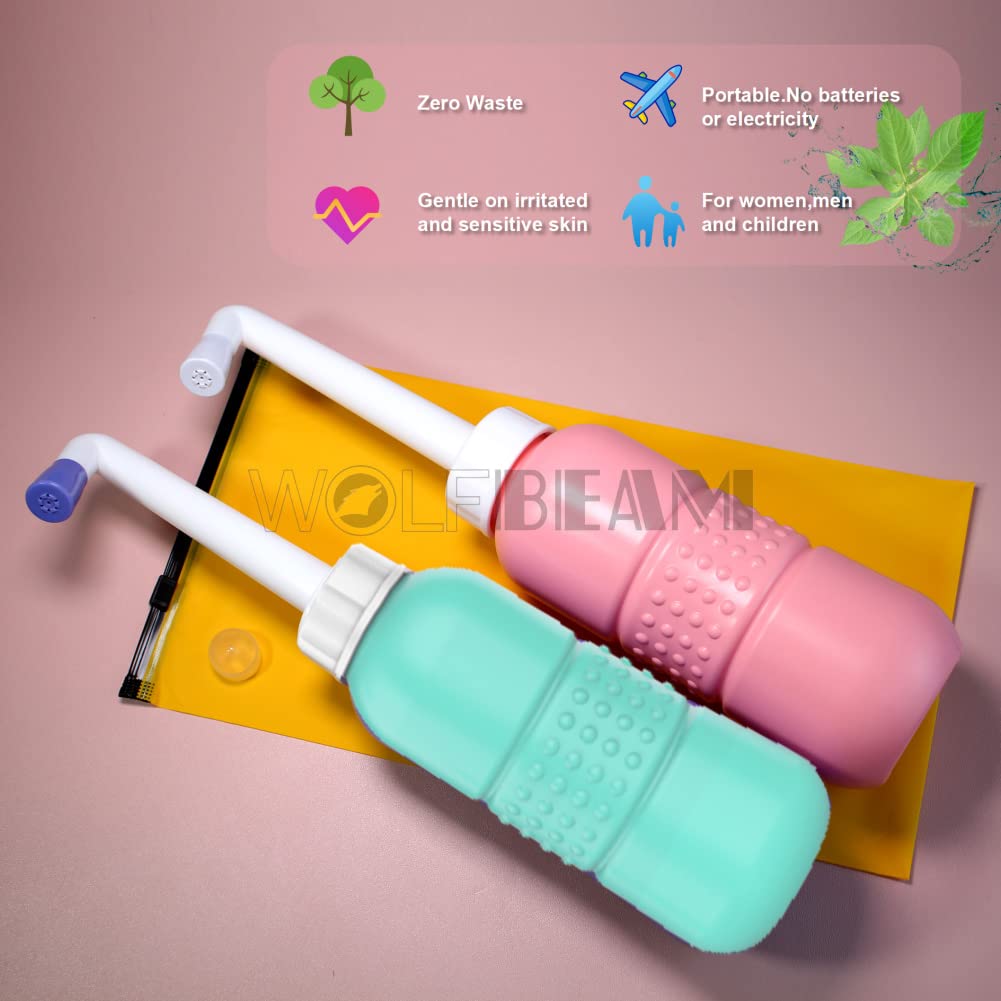 Wolfbeam Portable Hand-held Vulva and Anus Cleaner and Personal Health Vaginal Washing Container, Travel Urinal Spray Scrubber for Personal Hygiene (Pink+Green 450ML)