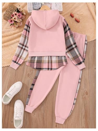 WDIRARA Girl's 2 Piece Outfits Patchwork Plaid Long Sleeve Hoodie and Sweatpants Tracksuit2