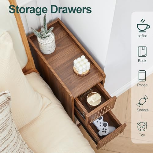 Image of Narrow Nightstand Set of 2, Wooden Small 2 Drawer Nightstand, Slim Side End Table, Skinny Bedside Table, Mid Century Modern Night Stand with Drawers for Bedroom (Deep Walnut-2 pcs)