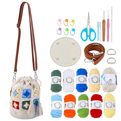 FREEBLOSS Kit de bolsa de crochê DIY para iniciantes com tutoriais em vídeo passo a passo, bolsa de ombro quadrada de avó, kit de crochê para adultos, projetos de artesanato para mulheres