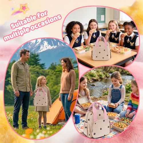 Easozoom Insulated Corduroy Lunch Bag for Teen Girl Kid Women, Large Lunch Box, Reusable Portable Leakproof Lunchbox for School Travel Office Picnic (Flower Khaki) — view 6