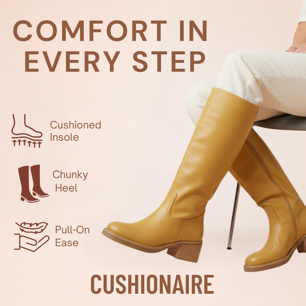 CUSHIONAIRE Sawyer Genuine Leather Tall Chunky Heel Womens Boots - Pull On Casual Knee High Boots for Women
