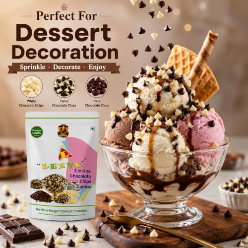 Image of Leeve 3 in One Chocolate Chips Combo 200g | White Chocolates Chip, Dark Choco Chip's & Twins Chocolate Chips | Baking Toppings for Cakes, Cookies, Brownies & Dessert Decoration