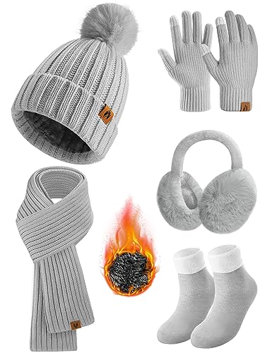 Yusongirl Winter Women Scarf Gloves Beanie Ear Muffs Socks Set Cold Weather Warm Knit Hat Fleece Long Neck Warmer 5 in 1 Set(Grey)