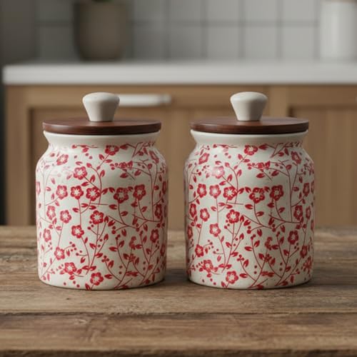 Image of Vistas 'Heritage Red' Airtight 420ml Set of 3 Ceramic Jar for Kitchen Storage | Handcrafted Ceramic Barni with Wooden Lid | Multipurpose Pickle, Spice & Salt Container
