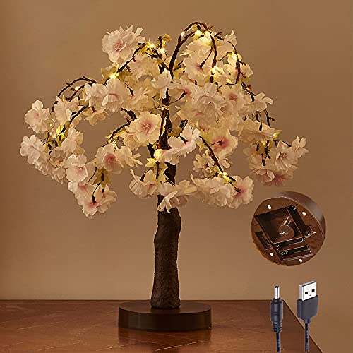 Hairui Lighted Cherry Blossom Tree Battery Operated 18IN 40 Warm White LEDs Artifical Bonsai Tree with Timer USB Plug for Wedding Party Summer Festival Home Decoration