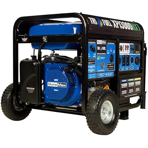DuroMax XP13000HXT 13,000-Watt 500cc Tri Fuel Gas Propane Natural Gas Portable Generator with CO Alert, Black/Blue