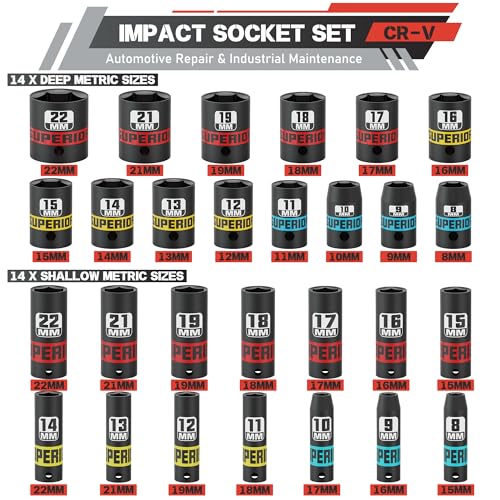 Image of 50 Piece 3 /8 inch Drive Impact Socket Set, SAE (5 /16 inch-3 /4 inch) and Metric (7 mm-19 mm), Deep & Shallow Sockets with Extension Bars, Adapters, Automotive Repair & Industrial Maintenance