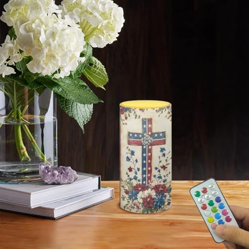 Image of Poceacles Cross American Flag Floral Print Flameless Candle 4th of July Patriotic Decorations Flickering Wick Realistic Votive Electric Candle for July Fourth Festival Holiday Decor