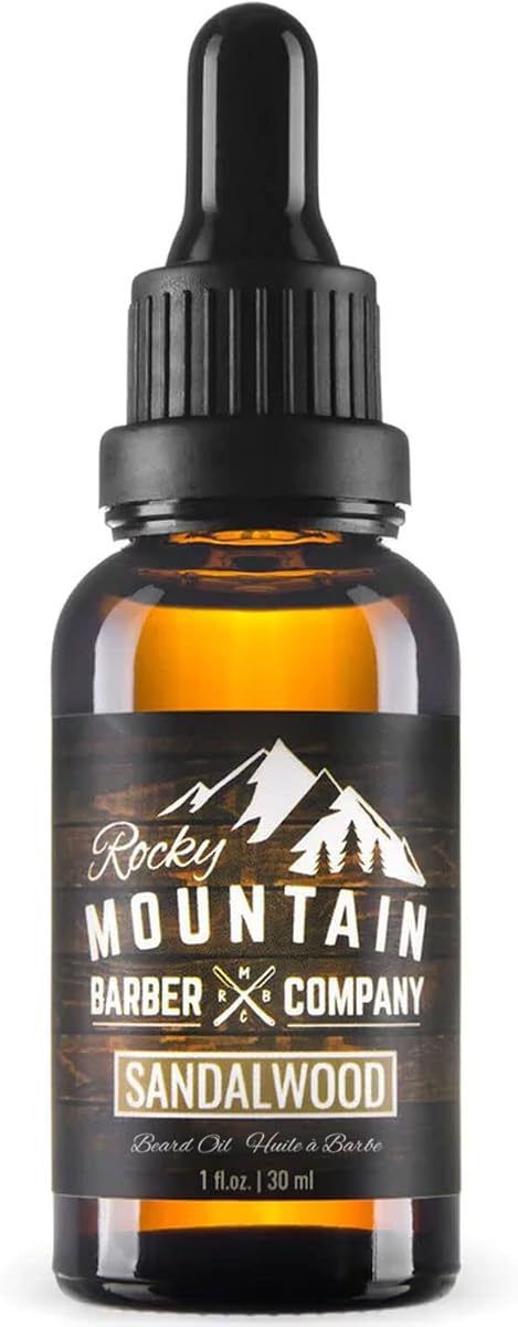 Rocky Mountain Barber Company Aceite para barba de bigote y sándalo, 1 oz | Aroma a sándalo con cuentagotas, añade brillo, suaviza y acondiciona la barba seca, aceites de argán, jojoba y semilla de uva, sensación ligera