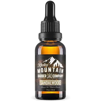 Rocky Mountain Barber Company Mens Sandalwood Beard Oil Featuring Grapeseed Oil, Coconut Oil, Argan Oil and Real Sandalwood Essential Oil