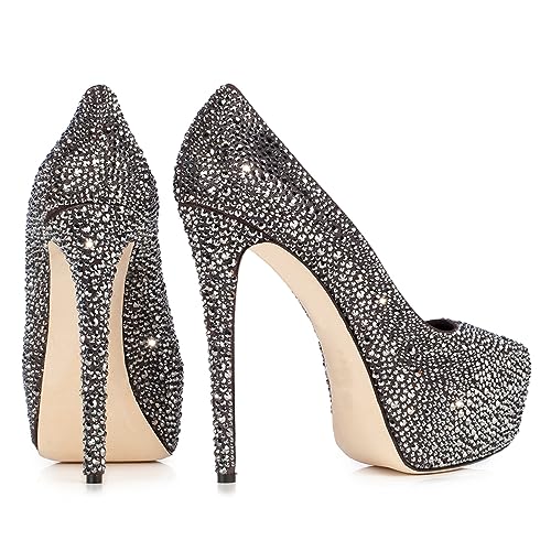 FSJ Women Classy Closed Toe Platform Pumps High Heel Full Rhinestone Studded Sparkly Stilettos Slip On Party Evening Dress Shoes Size 4-16 US3