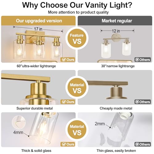 Image of Indoi 3-Light Vanity Lights with Clear Glass Shades, Brushed Gold Bathroom Light Fixtures Over Mirror, Modern Bathroom Wall Lamp for Mirror Living Room Cabinet Bedroom Porch