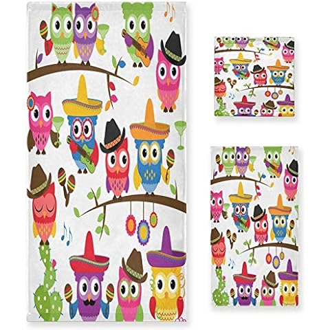 WELLDAY Cinco De Mayo Owls Bath Towels Soft Absorbent Bath Towels Bath Towel Set of 3 for Home Hotel Bathroom Decor Cover