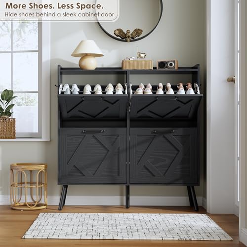 Image of Nicetree Shoe Cabinet with 4 Flip Drawers, Hidden Shoe Rack Cabinet with Metal Legs, Farmhouse Narrow Shoe Storage Cabinet for Entryway, Foyer, Hallway, Black