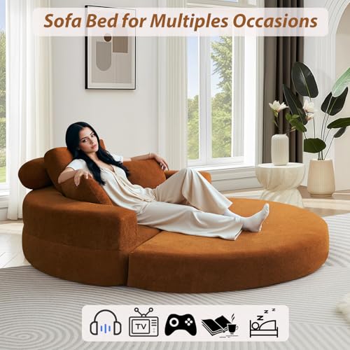 72" Convertible Folding Sofa Bed, Chenille Foldable Sofa Sleeper with High Density Foam Cushions and Armrest, Boneless Floor Lounge Couch for Living Room, Apartment, Dorm, Small Spaces, Orange