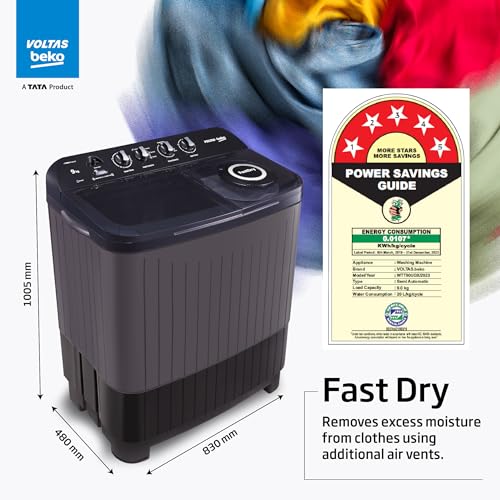 Image of Voltas beko, A Tata Product 9 kg 5 Star Semi-Automatic Twin Tub Top Load Washing Machine, (WTT90UDX /BKGR4KPTD, Black, 2023 Model, Special Pulsator wash Method)