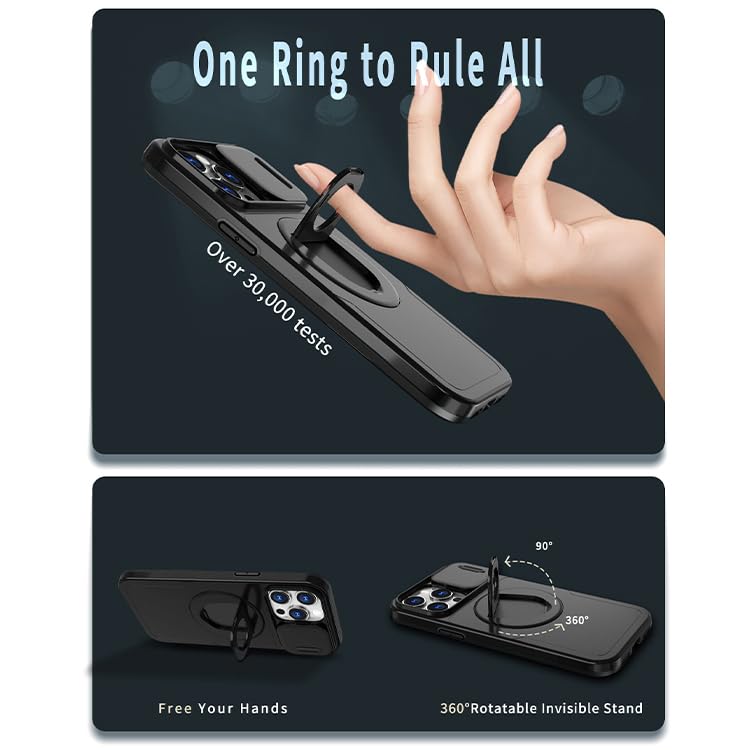 Image of LuxuryKase MagSafe Shockproof Rugged Back Case for iPhone 15 Pro Max | Finger Ring Kickstand & Sliding Camera Cover | Military Drop Protection | Wireless Charging Support - Black