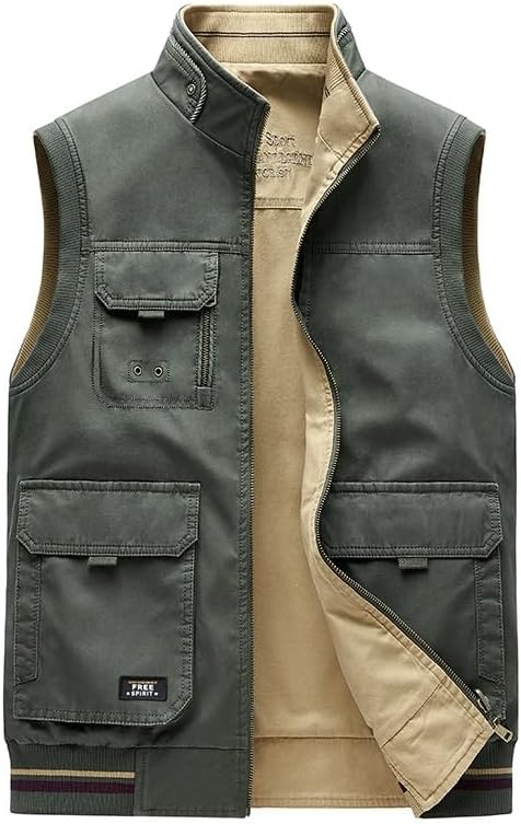 Men's 100% Cotton Reversible Travel Vest 9 Hidden Pockets Work Wear Gilet for Fishing and Hunting