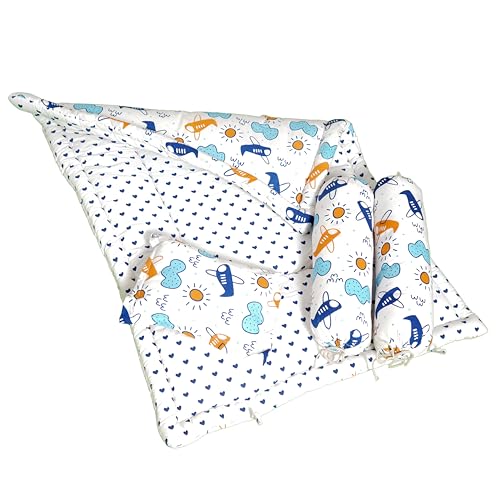 Image of NWF 100% Cotton Baby Bedding Set - Mattress & Soft Daytime Bedding for Infants (0-24 Months) | 4-Piece Set, 26 inchx40 inch | Blue Plane Cloud Design