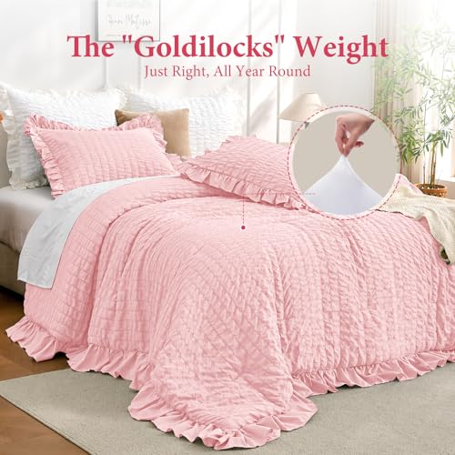 Image of JOLLYVOGUE Pink Comforter Full Size, 3 Pieces Seersucker Lightweight Full Size Bedding, All Season Fluffy Microfiber Bedding Comforter Set with 1 Ruffle Comforter and 2 Ruffle Pillowshams
