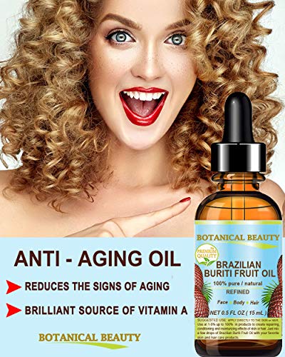 Buriti Fruit Oil Brazilian. 100% Pure / Natural / Refined Undiluted Cold Pressed Carrier Oil . For Face, Body, Hair, Lip And Nail Care. 0.5 Fl Oz- 15 Ml. "One The Richest Natural Source Of Vitamin A, E And C" From Amazon Rainforest. By Botanical Beauty #TOP2