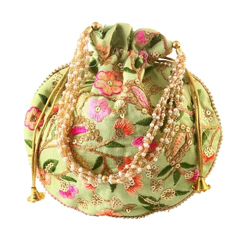 Image of Handcrafted Potli Purse with Golden Floral Embroidery and Pearl Accents