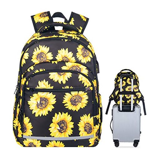 Travel Laptop Backpack, Water Resistant College School Backpack with USB Charging Port for Women Girl Casual Daypack Business Computer Backpack Fits 15 Inch Notebook, Sunflower