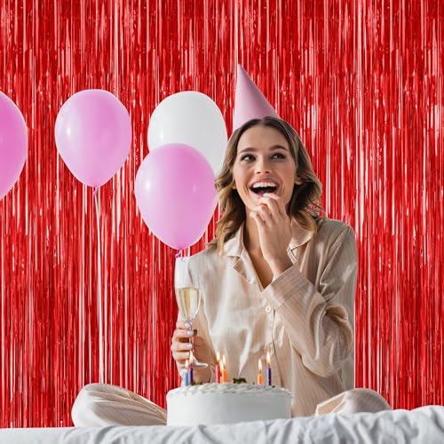 Image of ZATAYE 8 Pack Red Valentines Christmas Foil Curtain Streamer Decorations | Red, Metallic Foil, 3.28 x 7.05 FT, Tinsel Backdrop, Foil Curtain Streamer, Valentines Christmas Party