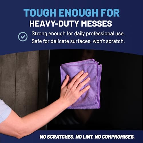 Image of Microfiber Wholesale 12 inch x 12 inch Buff Pro Multi-Surface Microfiber Cleaning Cloths|Purple - 12 Pack|Premium Microfiber Towels for Cleaning Glass, Kitchens, Bathrooms, Automotive