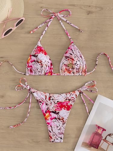 Image of Tainehs Women's Sexy Halter Thong Bikini Tie Two Sides Bottom Triangle Bikini Swimsuits