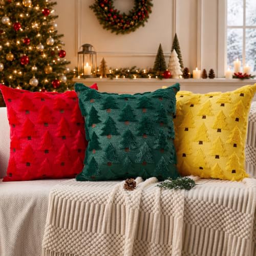 Image of Allorry Christmas Pillow Covers 18x18 inch Set of 2 Yellow Christmas Decorations Soft Plush Faux Fur Wool Christmas Tree Throw Pillow Cases Winter Holiday Decor for Sofa Living Room PT002G18