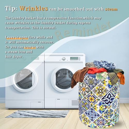 Image of Mexican Tiles Laundry Basket Oxford Cloth Foldable Hamper 18.9x16.5 Inch