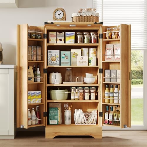 Crlnaup Armario de cocina con sensor LED y estante para especias, amplio armario de doble puerta con estantes ajustables y diseño de puerta moderno, acabado de grano de madera, 120 x 60,5 x 40 cm