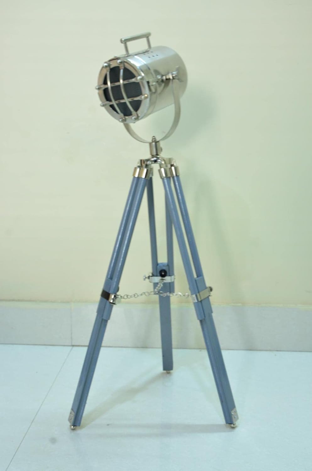 Vintage Nautical Tripod Searchlight Floor Lamp LED Spotlight Silver Wooden Stand-image-26
