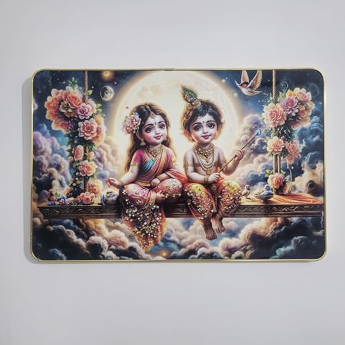 Image of Masstone Radha Krishna Crystal Embedded High Gloss Wall Painting, Golden Slim Frame, 45x30 Cm Wall Art for Living Room, Bedroom, Office & Home Decor (CRG53)