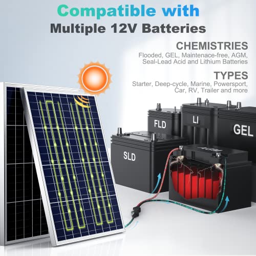 SUNER POWER 12V 50W Solar Battery Charger Maintainer, Built-in UltraSmart MPPT Controller, Adjustable Mount Bracket, Waterproof 50 Watt Solar Panel Kit for 12 Volt SLA Deey Cycle AGM Lifepo4 Battery - Thumbnail 4