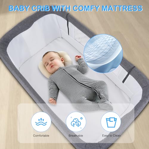 Kisdream® 3-in-1 Next to Me Crib: Baby Crib with Mattress | Co-Sleeper 5 Height Levels - Baby Cradle Folding Adjustable & Rocking - Bassinet with Wheels | Portable Cot & Bed for Travel - Image 4