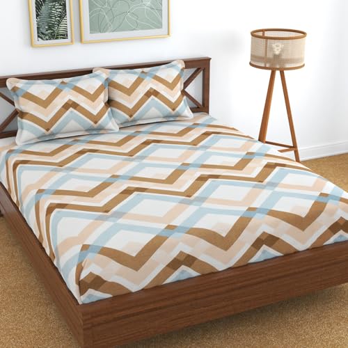 Image of KAWI Elastic Fitted Bedsheet Cotton Blend Double Bed with 2 Pillow Cover (72 inch X 78 inch)- Cream Colour-Light Brown Zig Zag Print