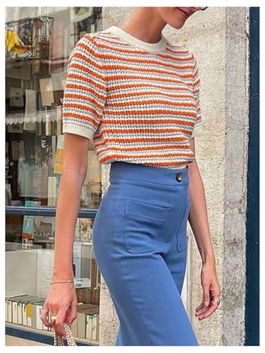 GORGLITTER Women's Short Sleeve Crochet Sweaters Lightweight Striped Colorful Going Out Fall Pullover Top3