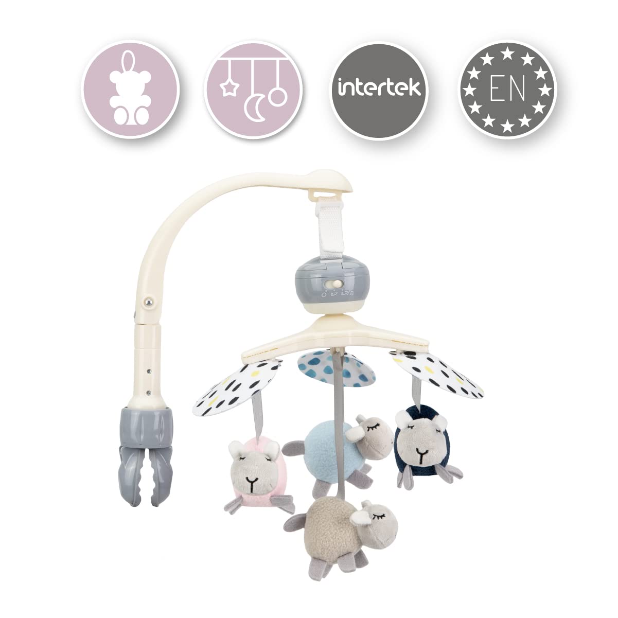 MoMi KIKI giostra mobile per bambini con 4 giochi sensoriali, montaggio rapido, 5 melodie + rumore bianco, per neonati e bambini da 0 a 5 mesi