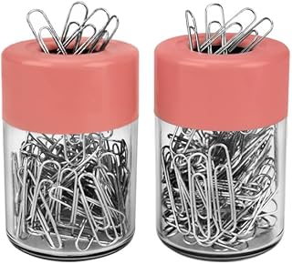 Acrimet Magnetic Paper Clip Holder Dispenser, Round Design, 100 Regular Paper Clip Capacity (Clear Crystal Base/ Pink Magnetic Lid) (2 pack)