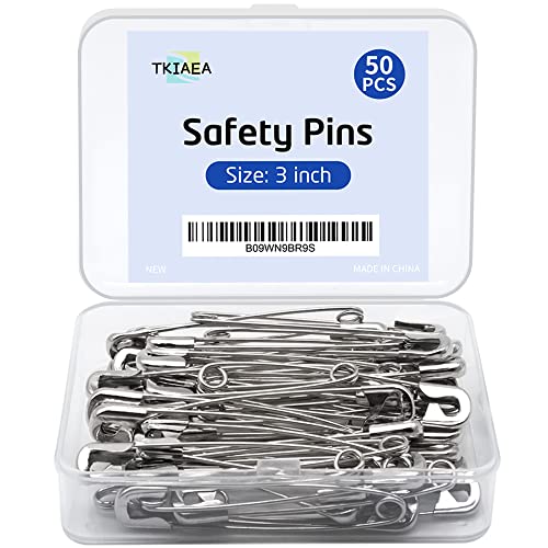 Tkiaea 3 Inches Large Safety Pins Heavy Duty, Pack of 50, Big Safety Pins, Safety Pins Bulk, Stainless Steel Safety Pins