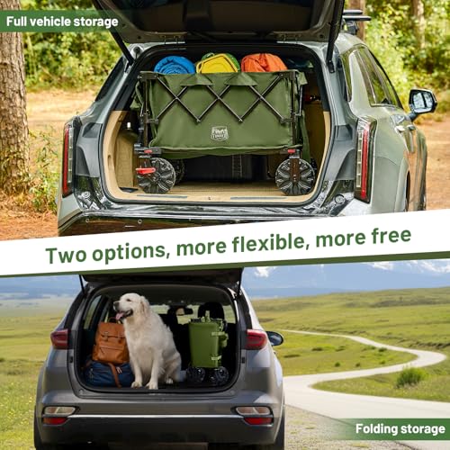 Image of TIMBER RIDGE Outdoor Collapsible Folding Wagon with Brakes and Cup Holders, 500lbs Heavy Duty All Terrain Wheels Utility Cart for Shopping Camping Garden Sports, Green